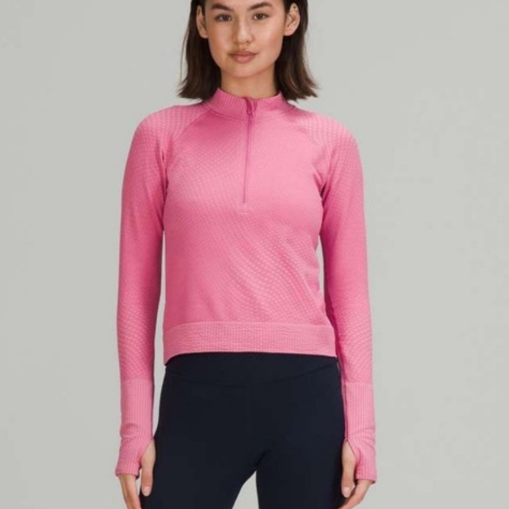 Lululemon Rest Less Cropped Cropped Half Zip Long Sleeve Thumb Holes Pink Grid